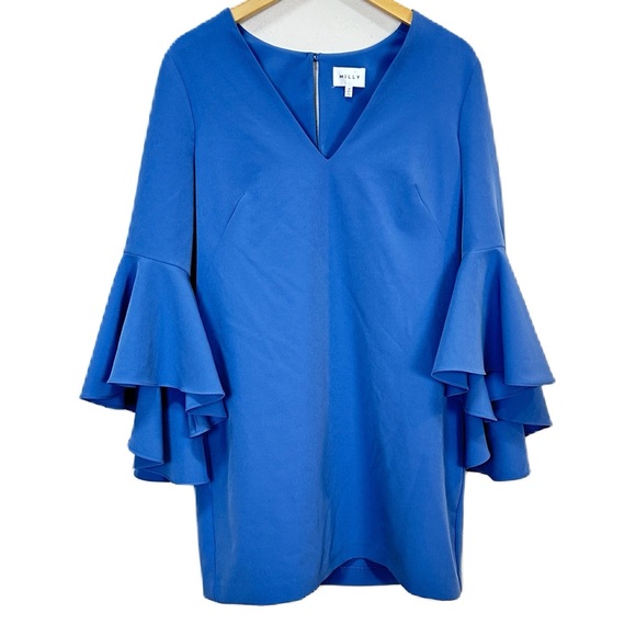 Milly Nicole Blue V-Neck‎ Ruffle Bell Sleeve Shift Dress Women’s Sz 12 - Picture 2 of 6